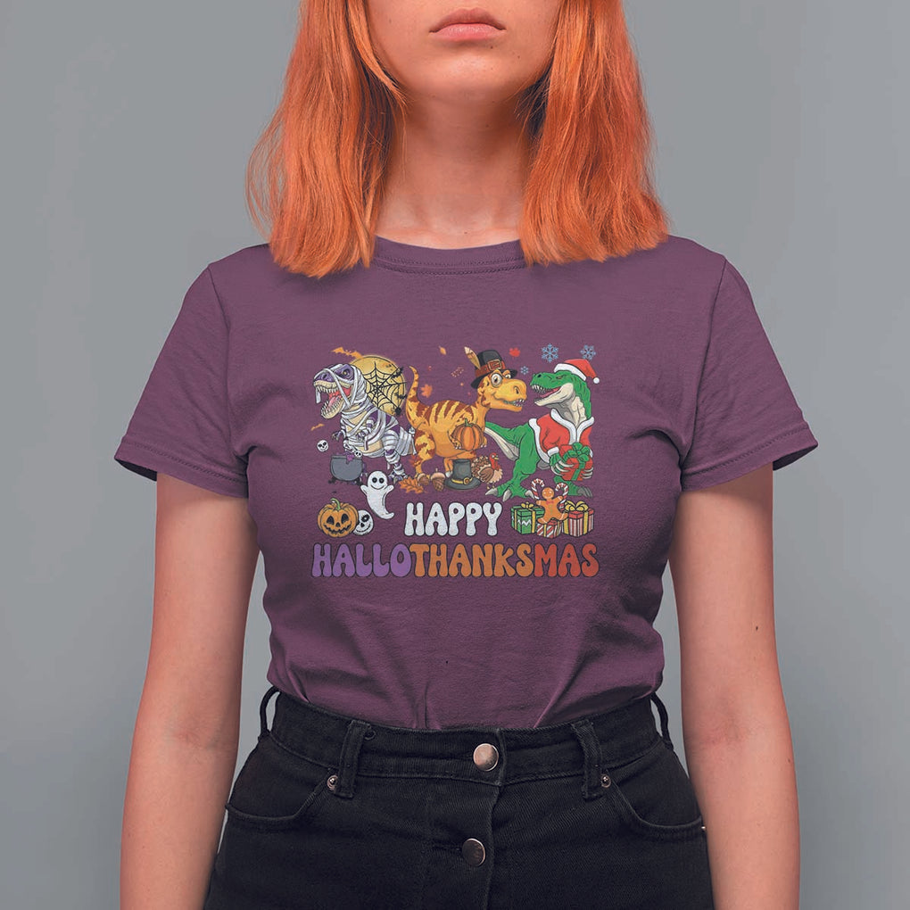 HalloThanksMas Dinosaur T Shirt For Women Halloween Thanksgiving Christmas TS02 Maroon Print Your Wear