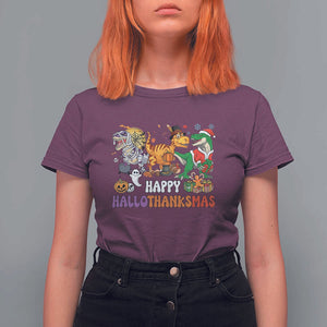 HalloThanksMas Dinosaur T Shirt For Women Halloween Thanksgiving Christmas TS02 Maroon Print Your Wear