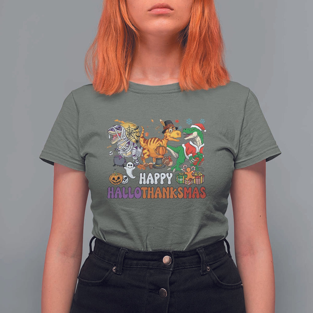 HalloThanksMas Dinosaur T Shirt For Women Halloween Thanksgiving Christmas TS02 Military Green Print Your Wear