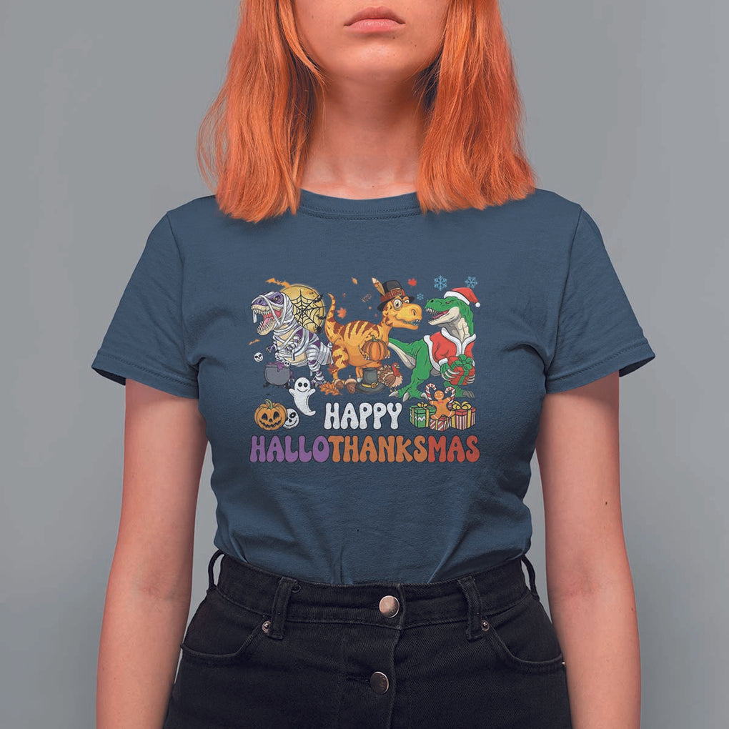 HalloThanksMas Dinosaur T Shirt For Women Halloween Thanksgiving Christmas TS02 Navy Print Your Wear