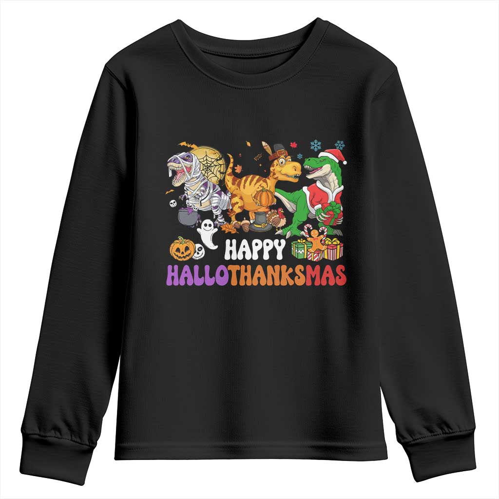 Happy HalloThanksMas Dinosaur Youth Sweatshirt Halloween Thanksgiving Christmas TS02 Black Print Your Wear
