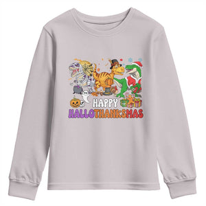Happy HalloThanksMas Dinosaur Youth Sweatshirt Halloween Thanksgiving Christmas TS02 Ice Gray Print Your Wear