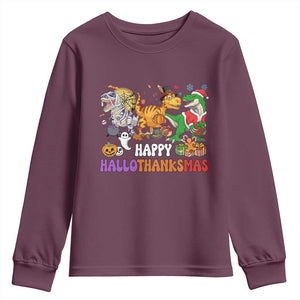 Happy HalloThanksMas Dinosaur Youth Sweatshirt Halloween Thanksgiving Christmas TS02 Maroon Print Your Wear