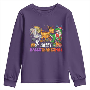 Happy HalloThanksMas Dinosaur Youth Sweatshirt Halloween Thanksgiving Christmas TS02 Purple Print Your Wear