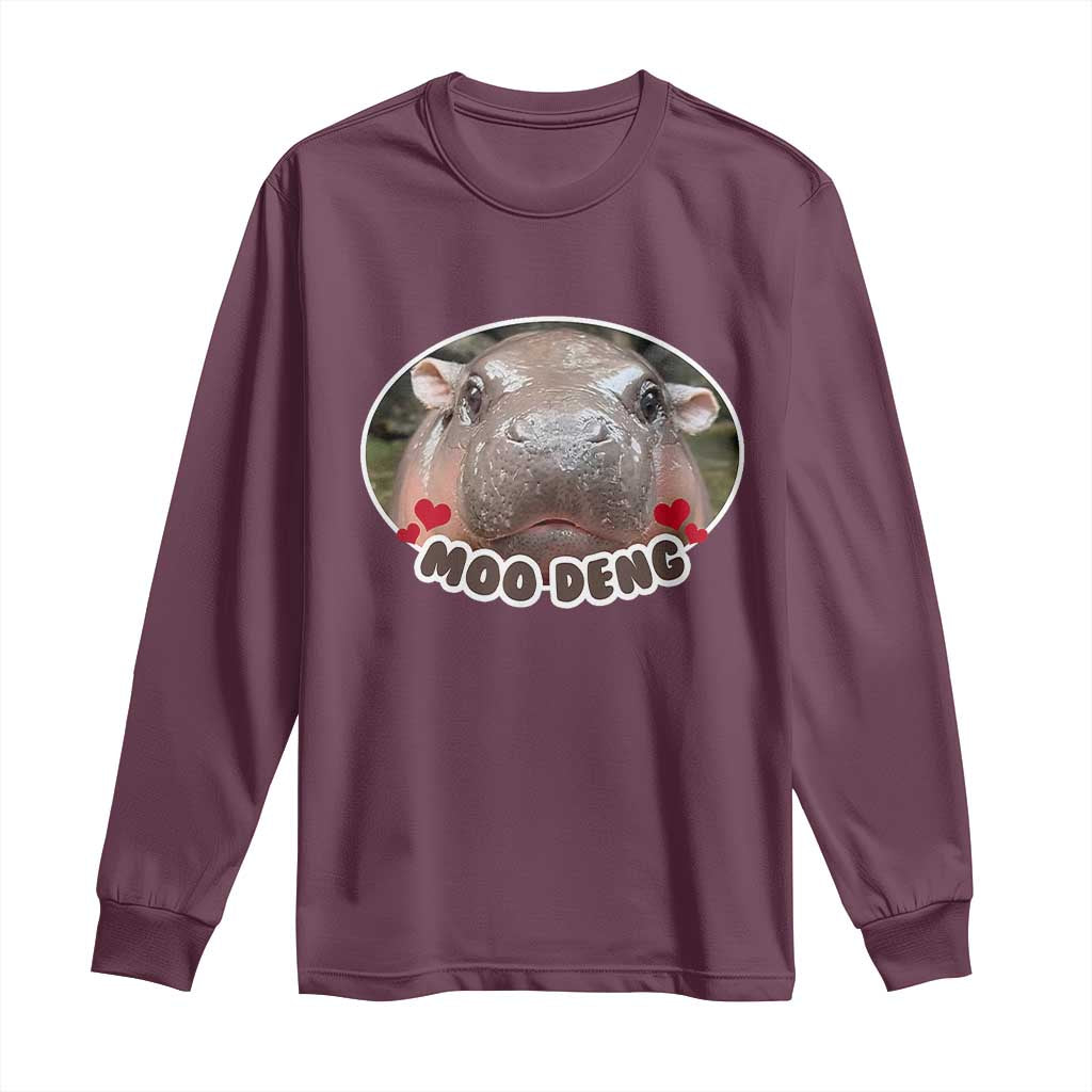 Baby Hippo Moo Deng Long Sleeve Shirt Cute Pygmy Hippopotamus Meme TS02 Maroon Print Your Wear
