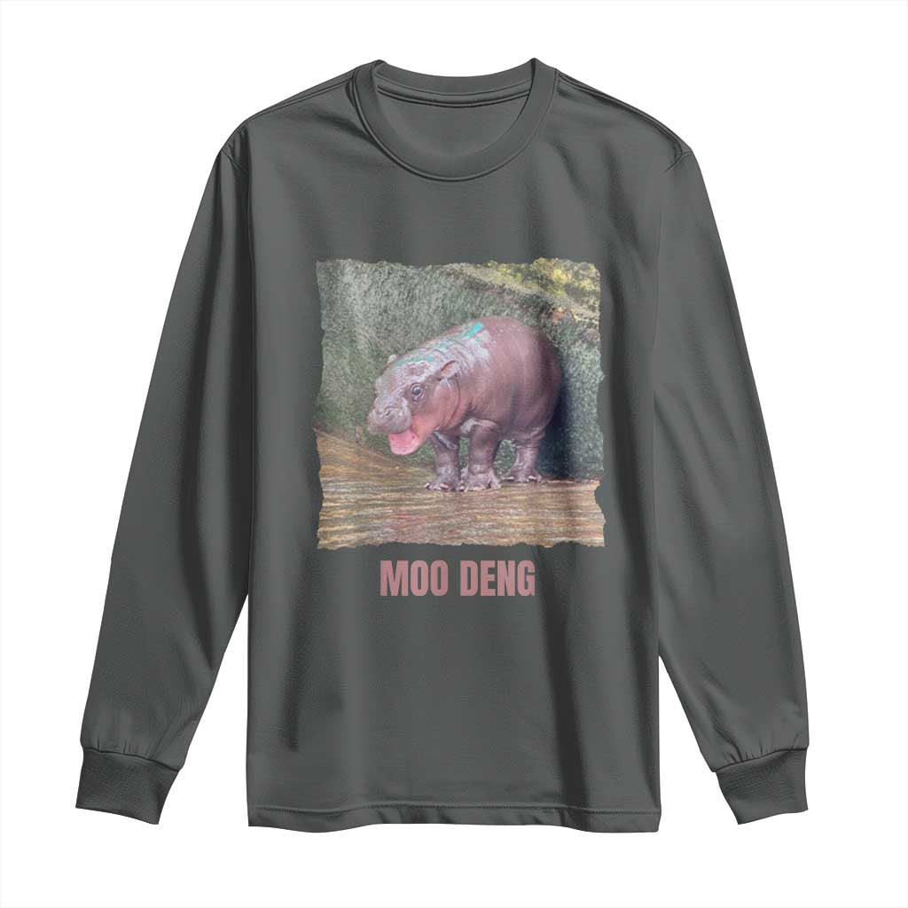 Baby Hippo Moo Deng Long Sleeve Shirt Cute Pygmy Hippopotamus In Thai TS02 Dark Heather Print Your Wear