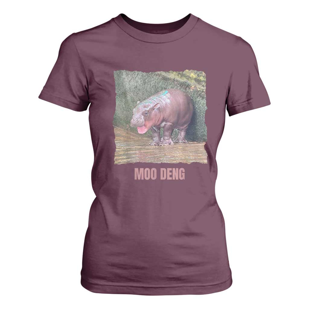 Baby Hippo Moo Deng T Shirt For Women Cute Pygmy Hippopotamus In Thai TS02 Maroon Print Your Wear