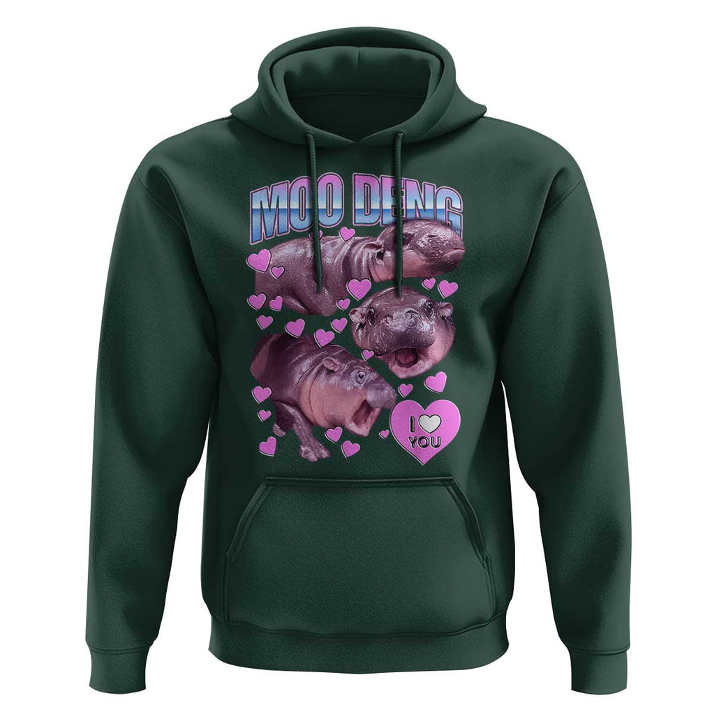 Baby Hippo Moo Deng Hoodie I Love Moo-Deng I Heart You Cute Pygmy Hippopotamus TS02 Dark Forest Green Print Your Wear