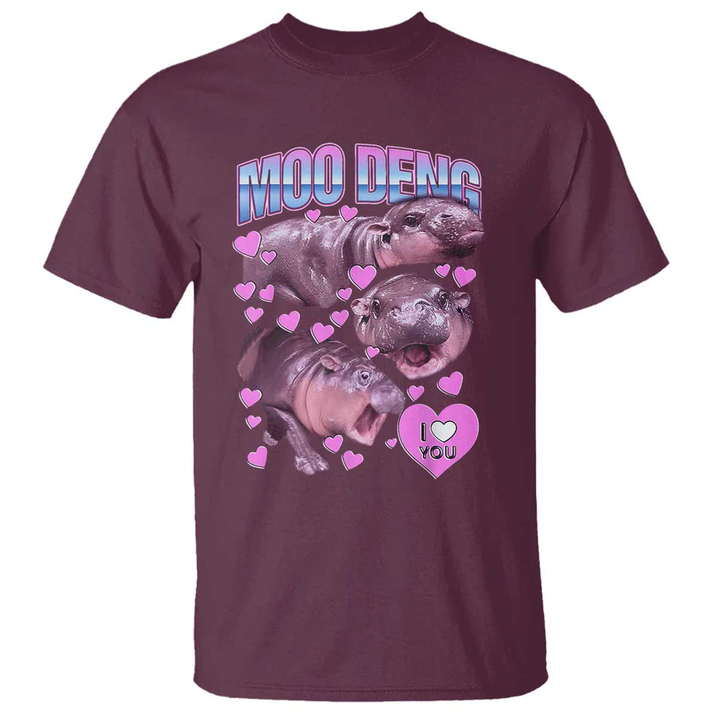 Baby Hippo Moo Deng T Shirt I Love Moo-Deng I Heart You Cute Pygmy Hippopotamus TS02 Maroon Print Your Wear