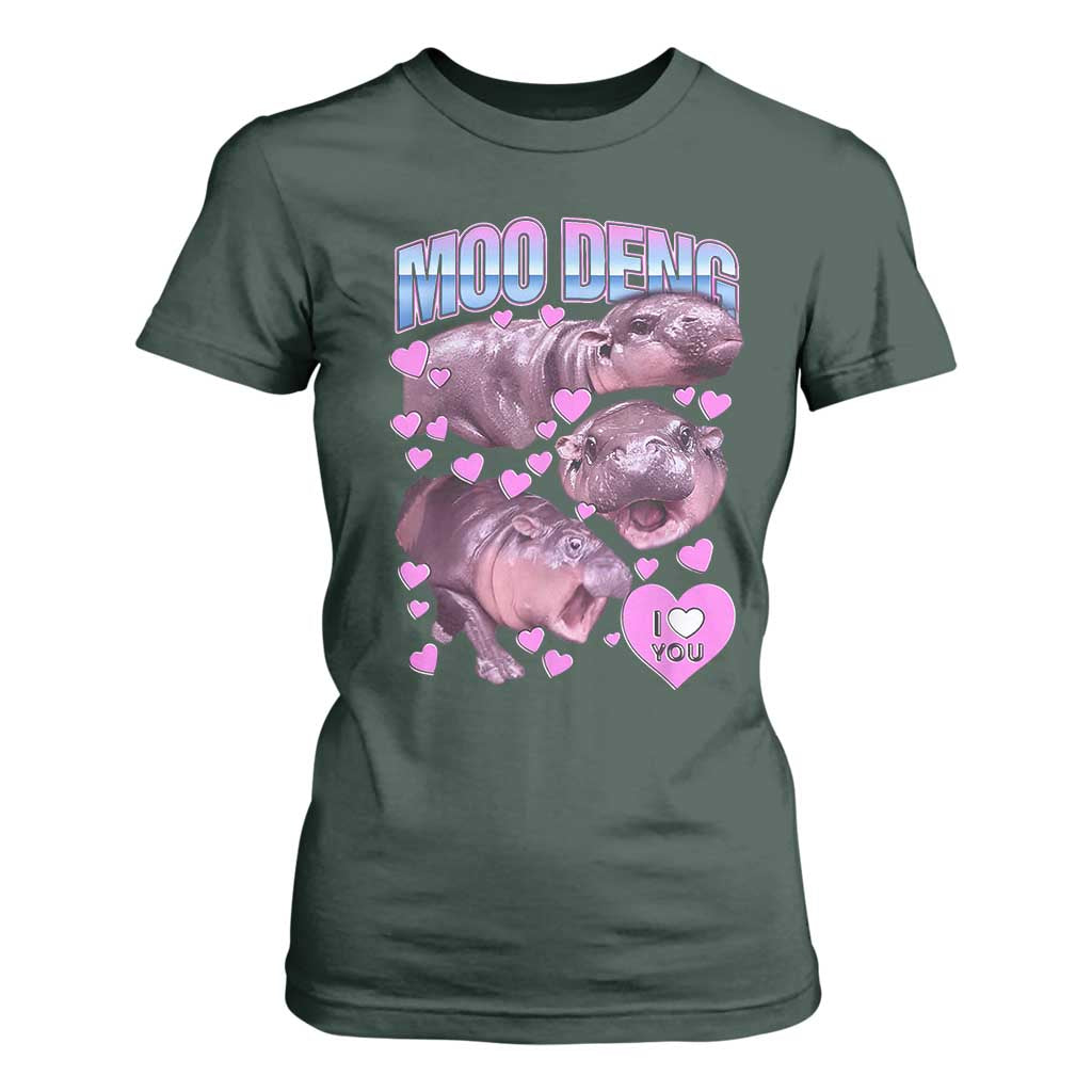 Baby Hippo Moo Deng T Shirt For Women I Love Moo-Deng I Heart You Cute Pygmy Hippopotamus TS02 Dark Forest Green Print Your Wear