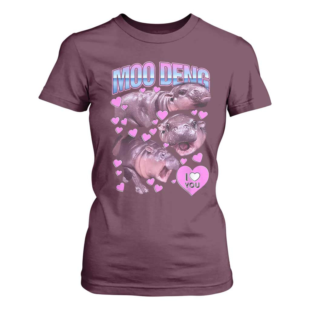 Baby Hippo Moo Deng T Shirt For Women I Love Moo-Deng I Heart You Cute Pygmy Hippopotamus TS02 Maroon Print Your Wear