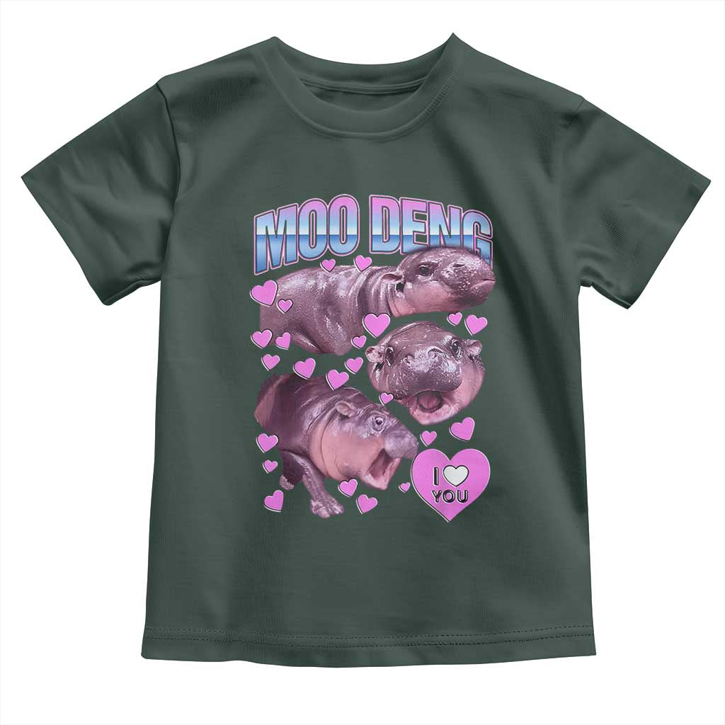 Baby Hippo Moo Deng Toddler T Shirt I Love Moo-Deng I Heart You Cute Pygmy Hippopotamus TS02 Dark Forest Green Print Your Wear