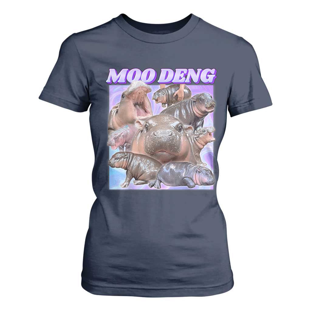 Baby Hippo Moo Deng T Shirt For Women The Famous Cute Pygmy Hippopotamus TS02 Navy Print Your Wear