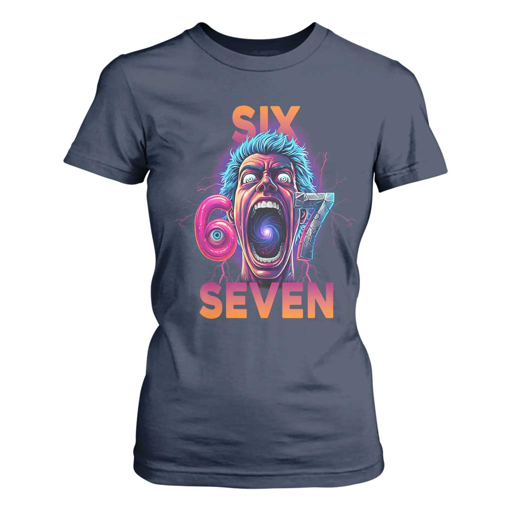 Mason 67 Chaos Edition T Shirt For Women Psychedelic Screaming Six Seven Meme TS02 Navy Print Your Wear