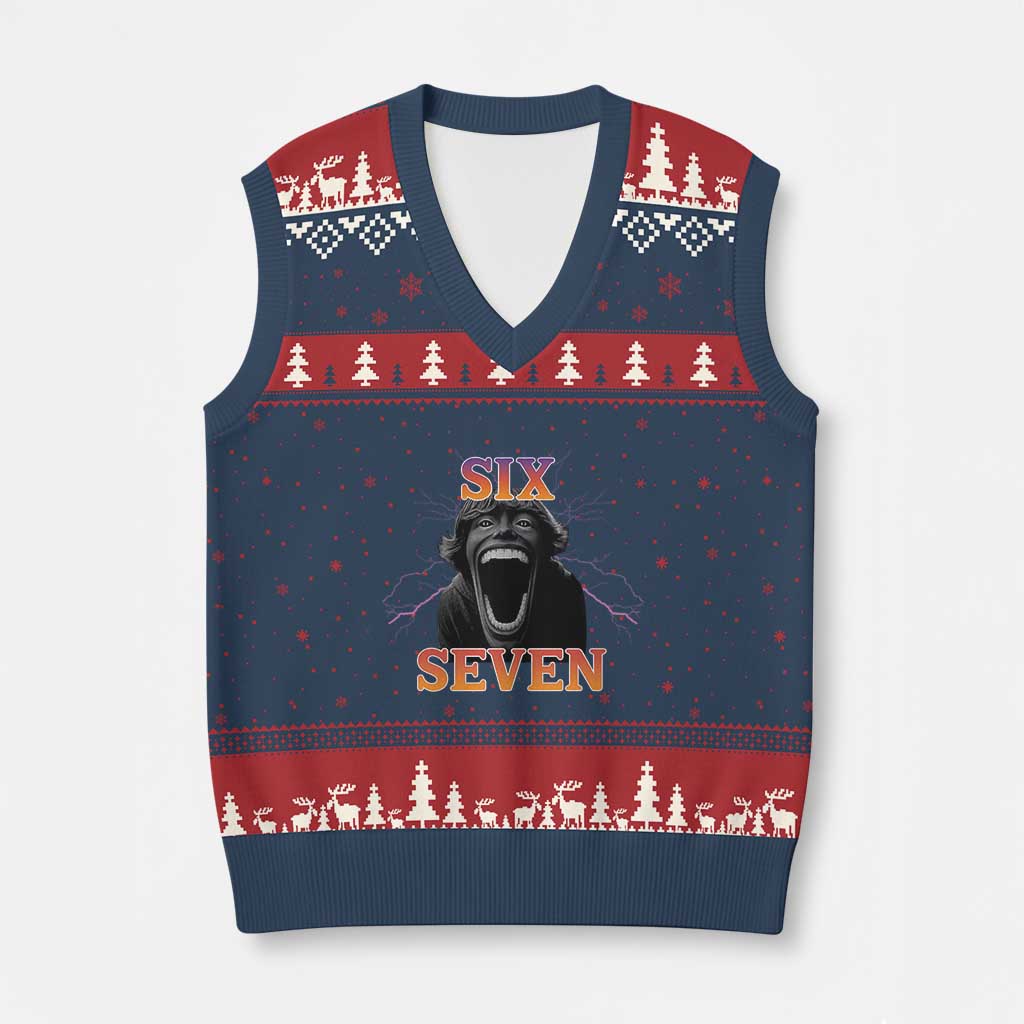Mason 67 Kid Meme V-Neck Knit Sweater Vest Devil Edit Viral Six Seven Scream TS02 Navy Red Print Your Wear