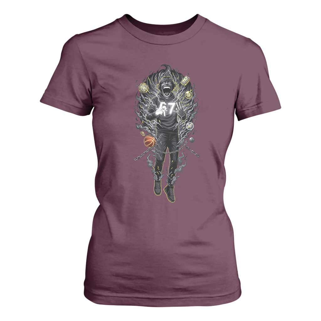 Mason 67 Energy Overload T Shirt For Women Six Seven Meme Lightning Horror Devil Edit TS02 Maroon Print Your Wear