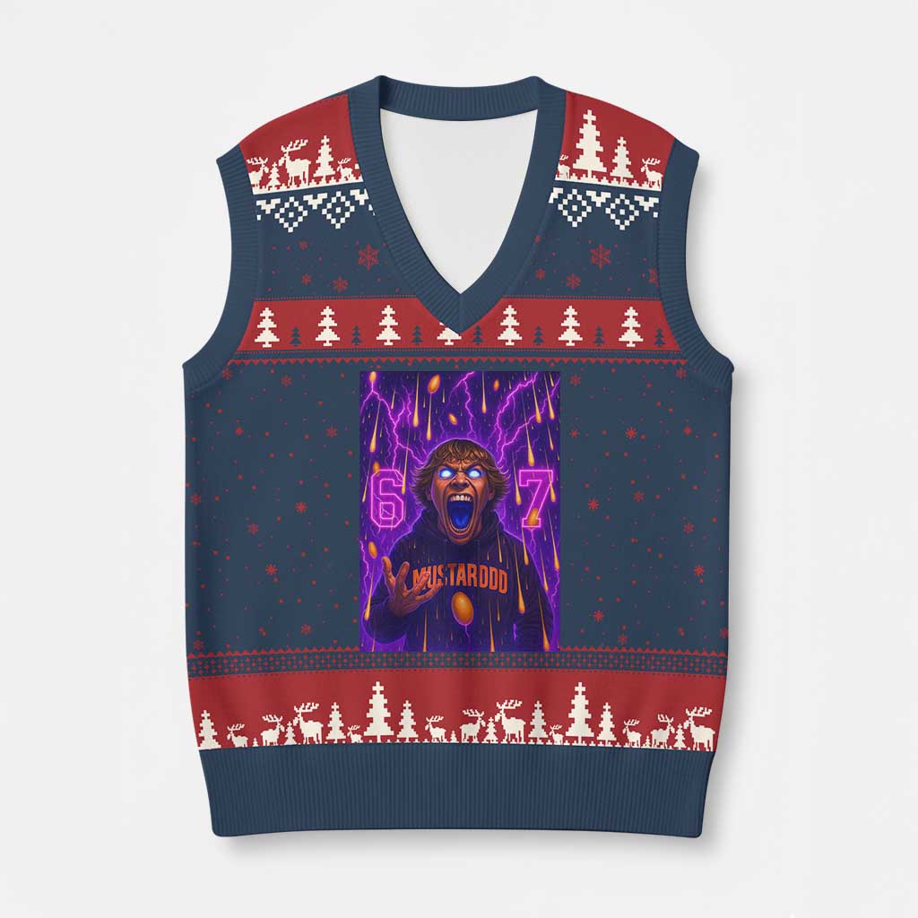 Mason 67 Meme Graphic V-Neck Knit Sweater Vest Glowing Eyes Devil Edit 6 7 Viral Six Seven Scream TS02 Navy Red Print Your Wear