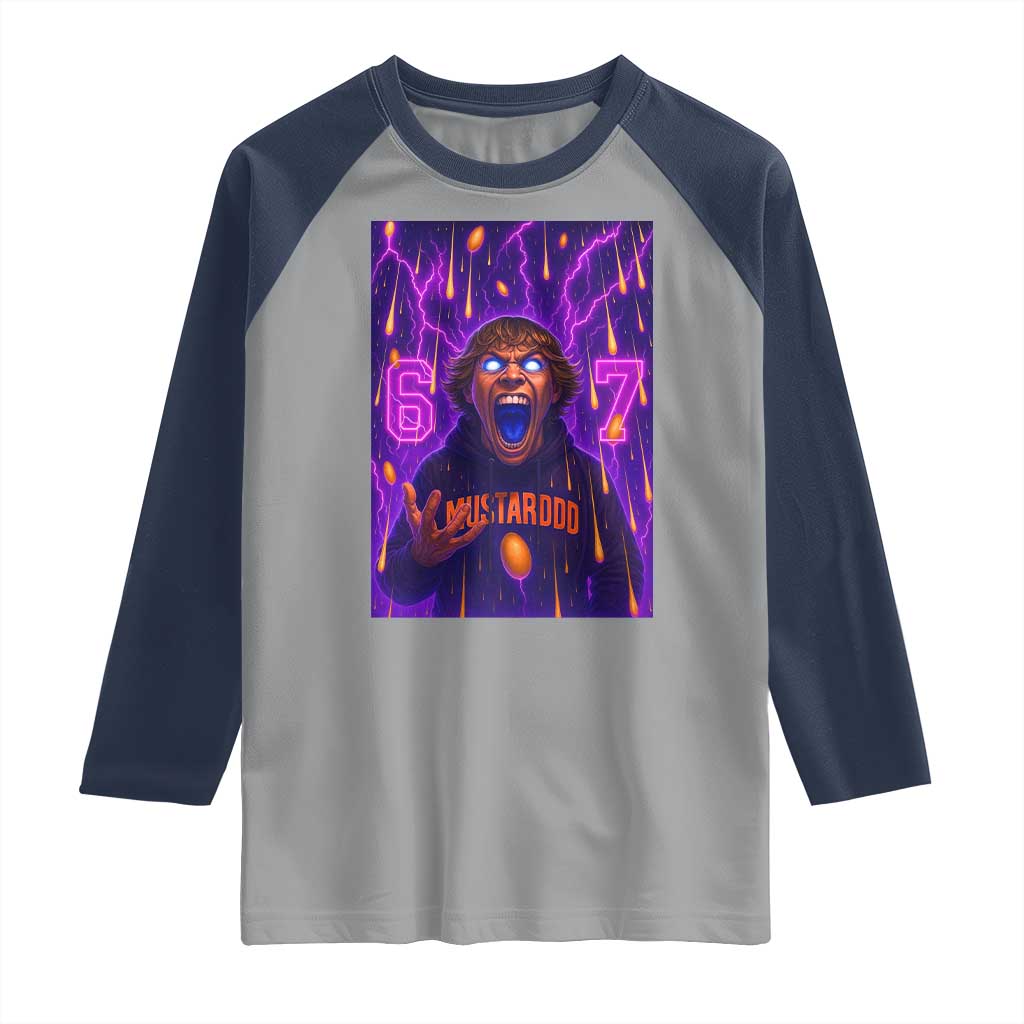 Mason 67 Meme Graphic Raglan Shirt Glowing Eyes Devil Edit 6 7 Viral Six Seven Scream TS02 Sport Gray Navy Print Your Wear