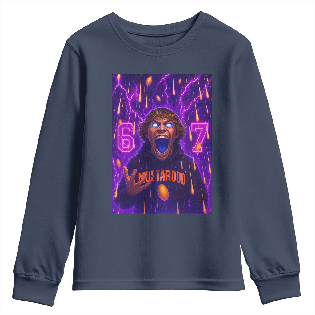Mason 67 Meme Graphic Youth Sweatshirt Glowing Eyes Devil Edit 6 7 Viral Six Seven Scream TS02 Navy Print Your Wear