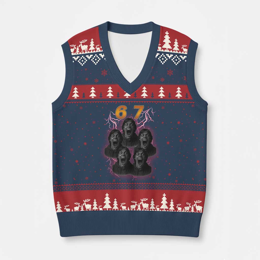 Mason 6 7 Meme Graphic V-Neck Knit Sweater Vest Six Seven 67 Meme Horror Edit Bootleg TS02 Navy Red Print Your Wear