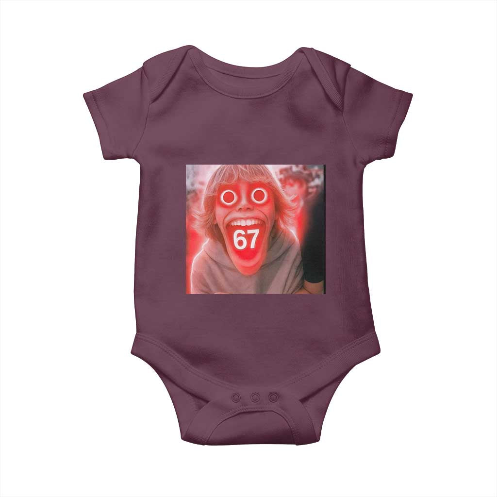 67 Mason Kid Glitchcore Graphic Baby Onesie Screaming Boy Six Seven Viral Meme Devil Edit TS02 Maroon Print Your Wear