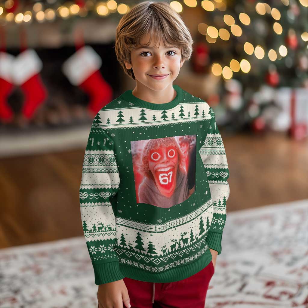 67 Mason Kid Glitchcore Graphic Ugly Christmas Sweater Screaming Boy Six Seven Viral Meme Devil Edit TS02 Forest Green Beige Print Your Wear