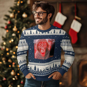 67 Mason Kid Glitchcore Graphic Ugly Christmas Sweater Screaming Boy Six Seven Viral Meme Devil Edit TS02 Navy Beige Print Your Wear