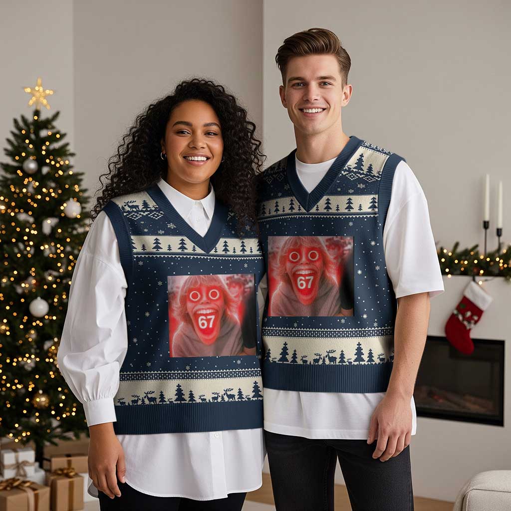 67 Mason Kid Glitchcore Graphic V-Neck Knit Sweater Vest Screaming Boy Six Seven Viral Meme Devil Edit TS02 Navy Beige Print Your Wear