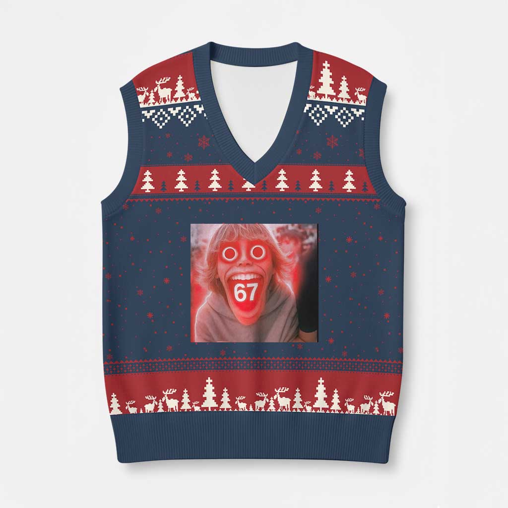 67 Mason Kid Glitchcore Graphic V-Neck Knit Sweater Vest Screaming Boy Six Seven Viral Meme Devil Edit TS02 Navy Red Print Your Wear