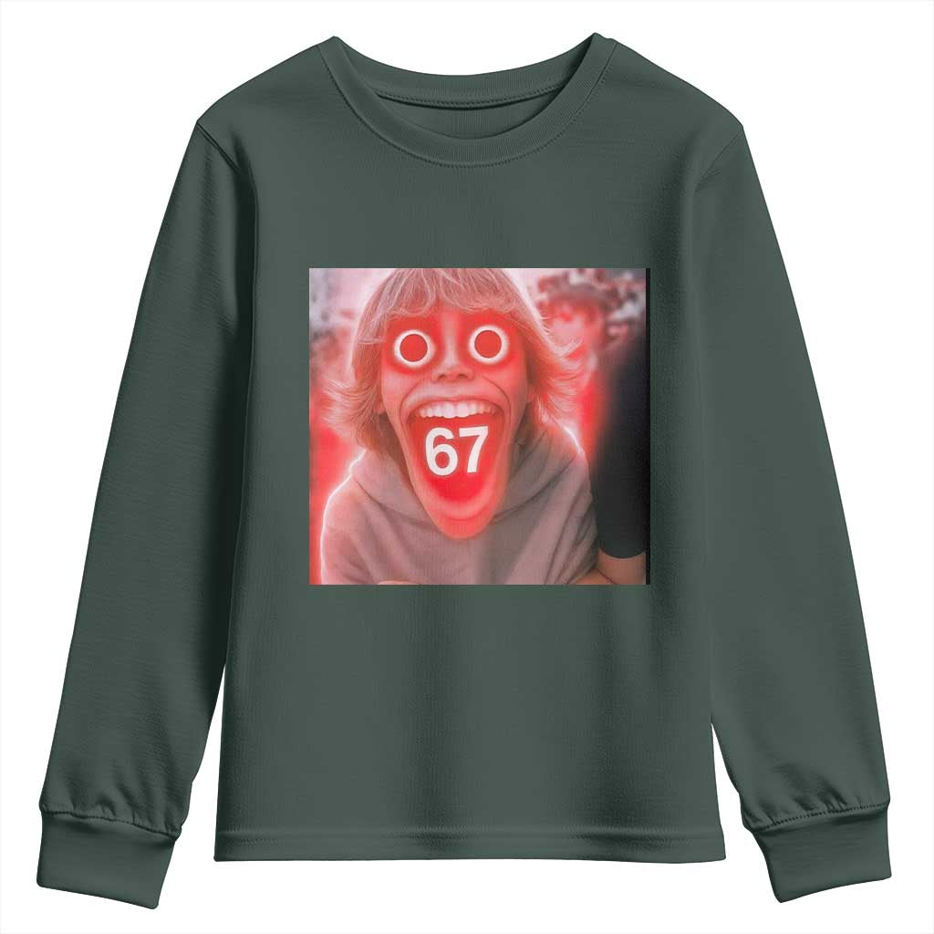 67 Mason Kid Glitchcore Graphic Youth Sweatshirt Screaming Boy Six Seven Viral Meme Devil Edit TS02 Dark Forest Green Print Your Wear