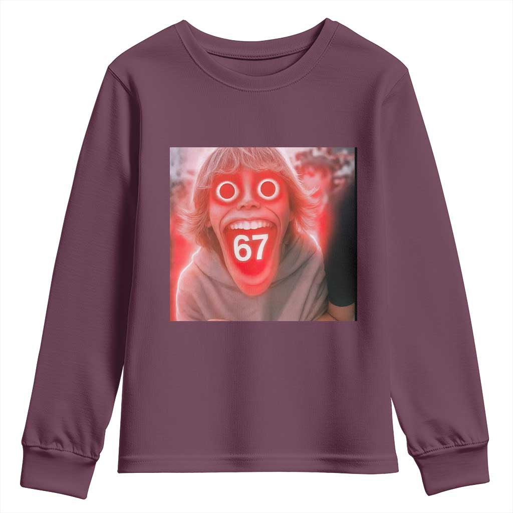 67 Mason Kid Glitchcore Graphic Youth Sweatshirt Screaming Boy Six Seven Viral Meme Devil Edit TS02 Maroon Print Your Wear