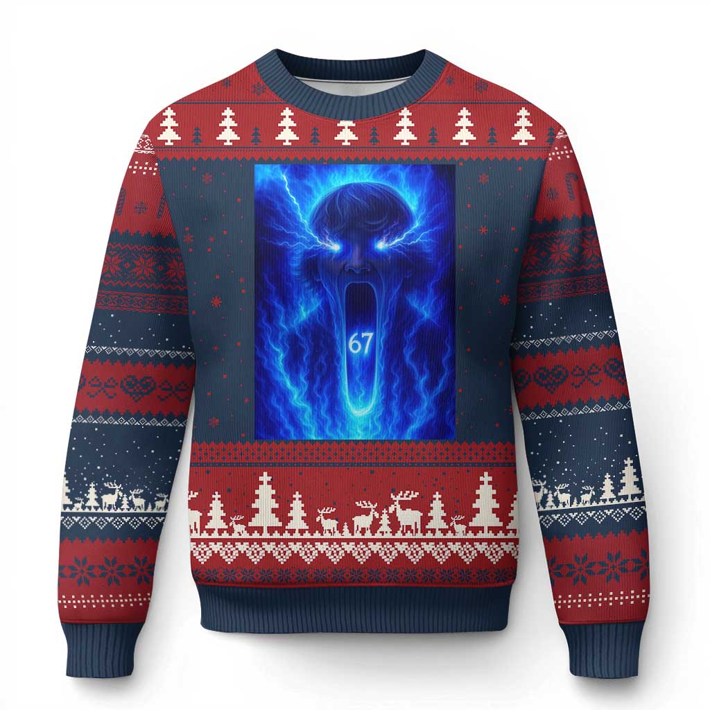 Six Seven Energy Overload Graphic Ugly Christmas Sweater 67 Mason Kid Analog Horror Meme TS02 Navy Red Print Your Wear
