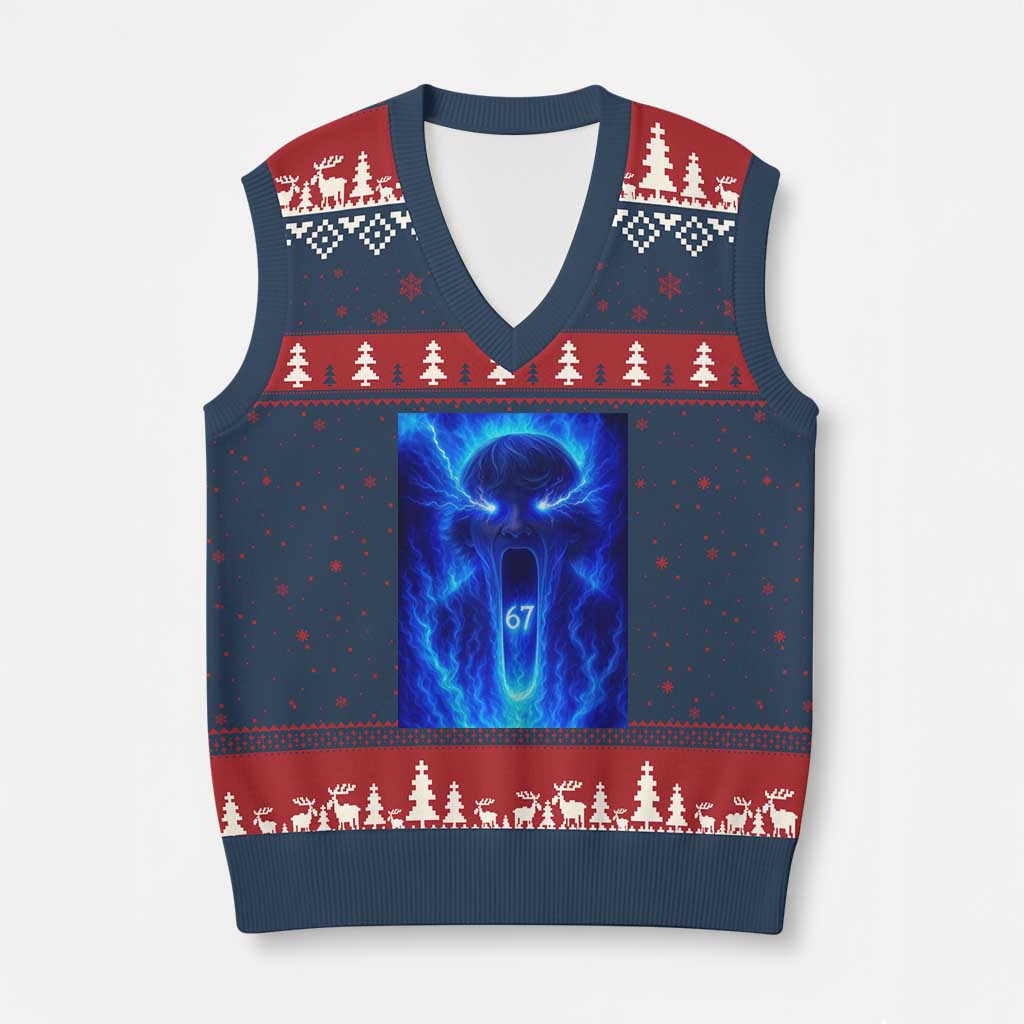Six Seven Energy Overload Graphic V-Neck Knit Sweater Vest 67 Mason Kid Analog Horror Meme TS02 Navy Red Print Your Wear