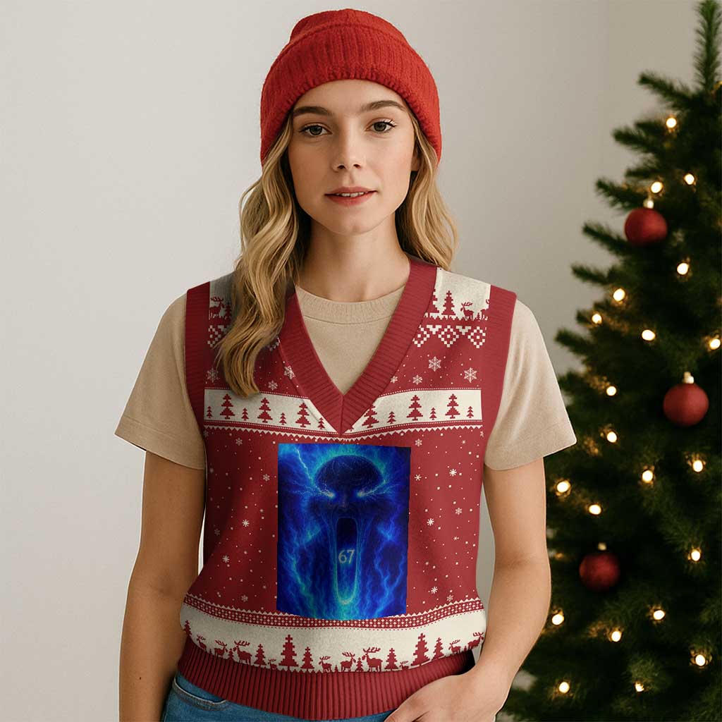 Six Seven Energy Overload Graphic V-Neck Knit Sweater Vest 67 Mason Kid Analog Horror Meme TS02 Red Beige Print Your Wear