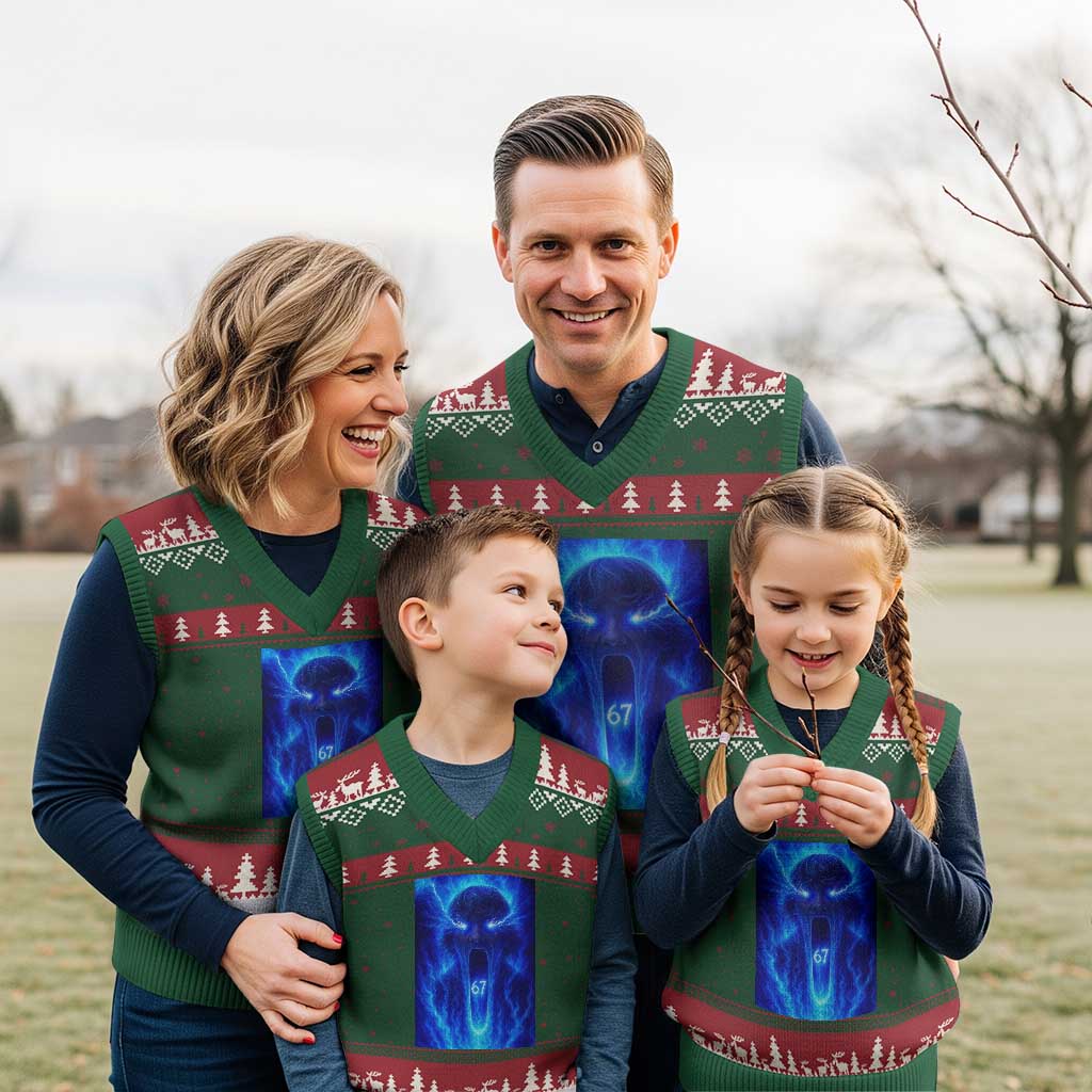 Six Seven Energy Overload Graphic V-Neck Knit Sweater Vest 67 Mason Kid Analog Horror Meme TS02 Red Green Print Your Wear