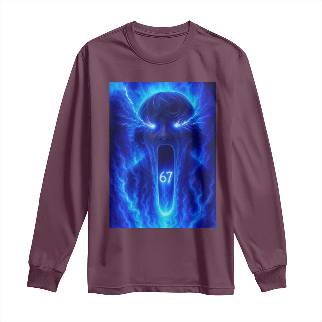Six Seven Energy Overload Graphic Long Sleeve Shirt 67 Mason Kid Analog Horror Meme TS02 Maroon Print Your Wear
