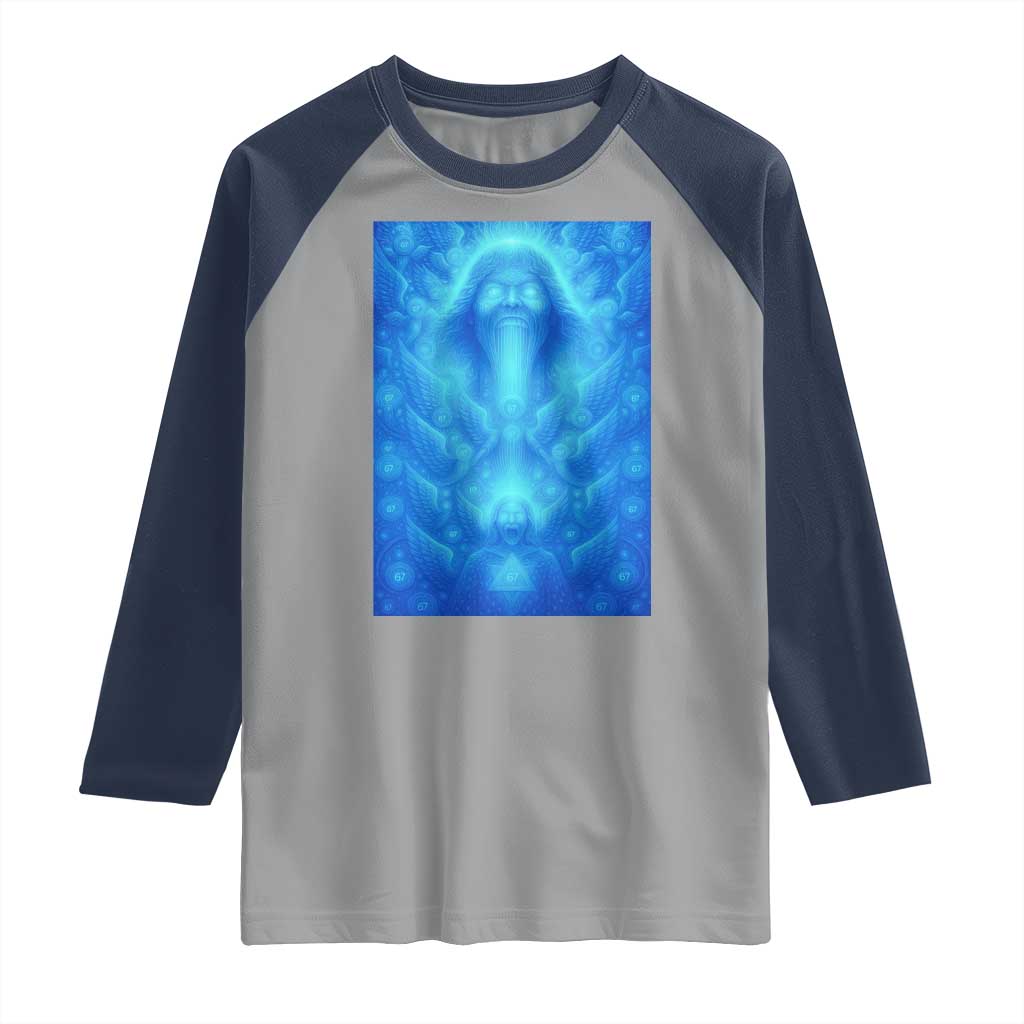 Divine 67 Meme Raglan Shirt Celestial Mason 6 7 Spiritual Six Seven Angelcore TS02 Sport Gray Navy Print Your Wear