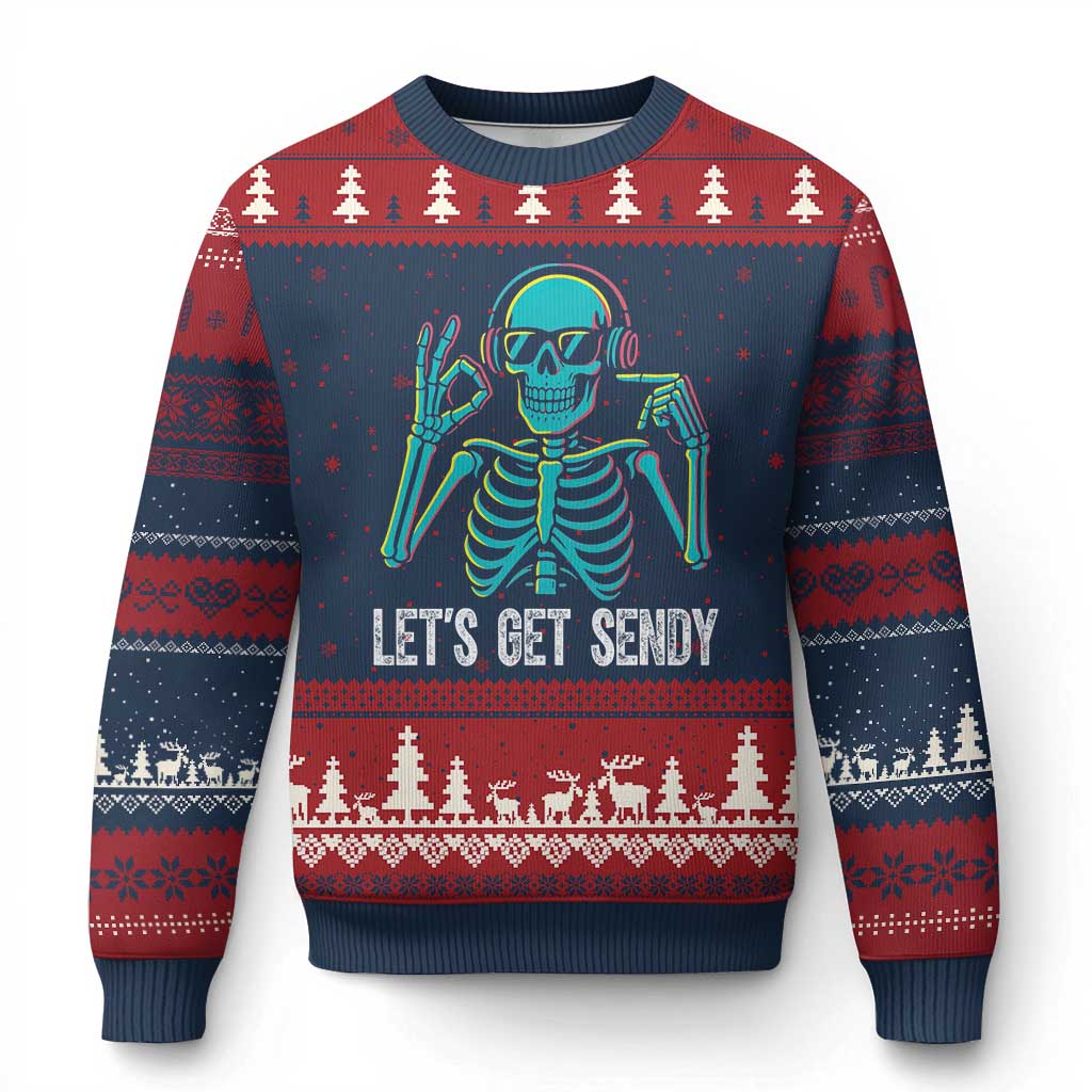 Lets Get Sendy Skeleton Ugly Christmas Sweater Full Send Vibes Glowcore TS02 Navy Red Print Your Wear