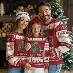 Lets Get Sendy Skeleton Ugly Christmas Sweater Full Send Vibes Glowcore TS02 Red Beige Print Your Wear
