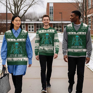 Lets Get Sendy Skeleton V-Neck Knit Sweater Vest Full Send Vibes Glowcore TS02 Forest Green Beige Print Your Wear