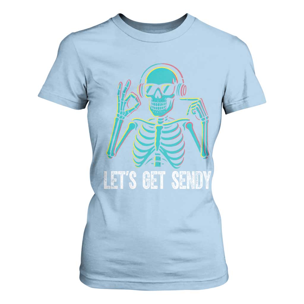 Lets Get Sendy Skeleton T Shirt For Women Full Send Vibes Glowcore TS02 Light Blue Print Your Wear