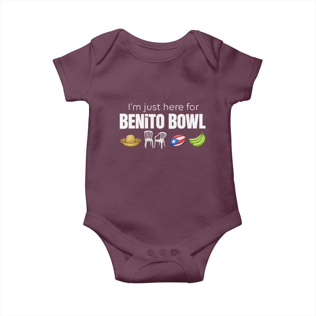 I'm Just Here for the Benito Bowl Funny Puerto Rican Game Day Baby Onesie Plantains Chairs and Flag Music Fans TS02 Maroon Print Your Wear