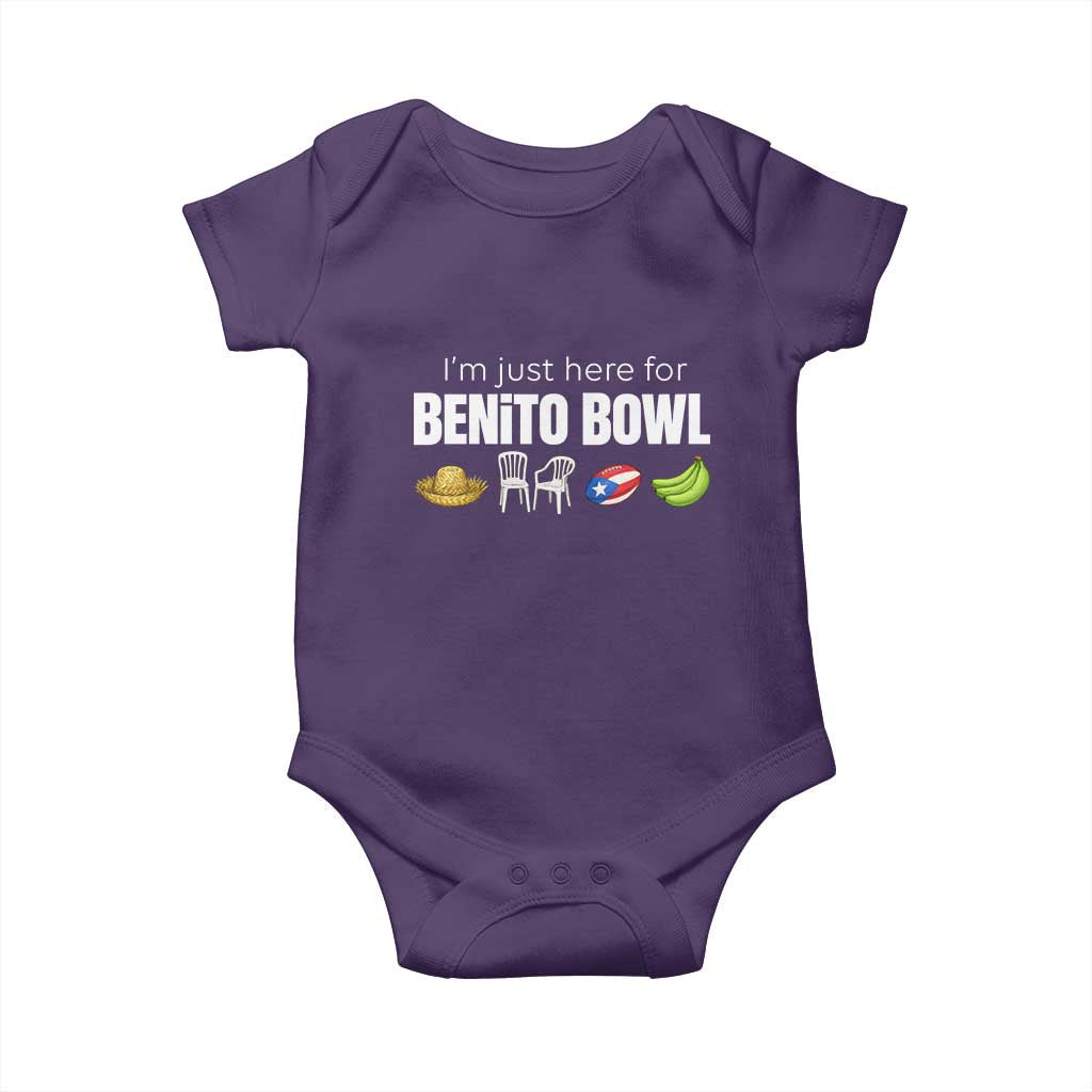 I'm Just Here for the Benito Bowl Funny Puerto Rican Game Day Baby Onesie Plantains Chairs and Flag Music Fans TS02 Purple Print Your Wear