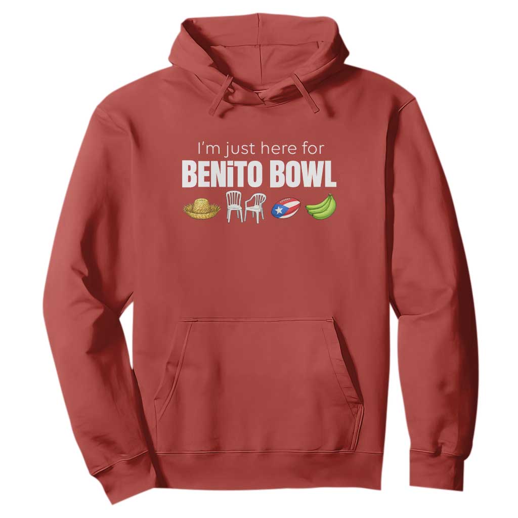 I'm Just Here for the Benito Bowl Funny Puerto Rican Game Day Hoodie Plantains Chairs and Flag Music Fans TS02 Red Print Your Wear