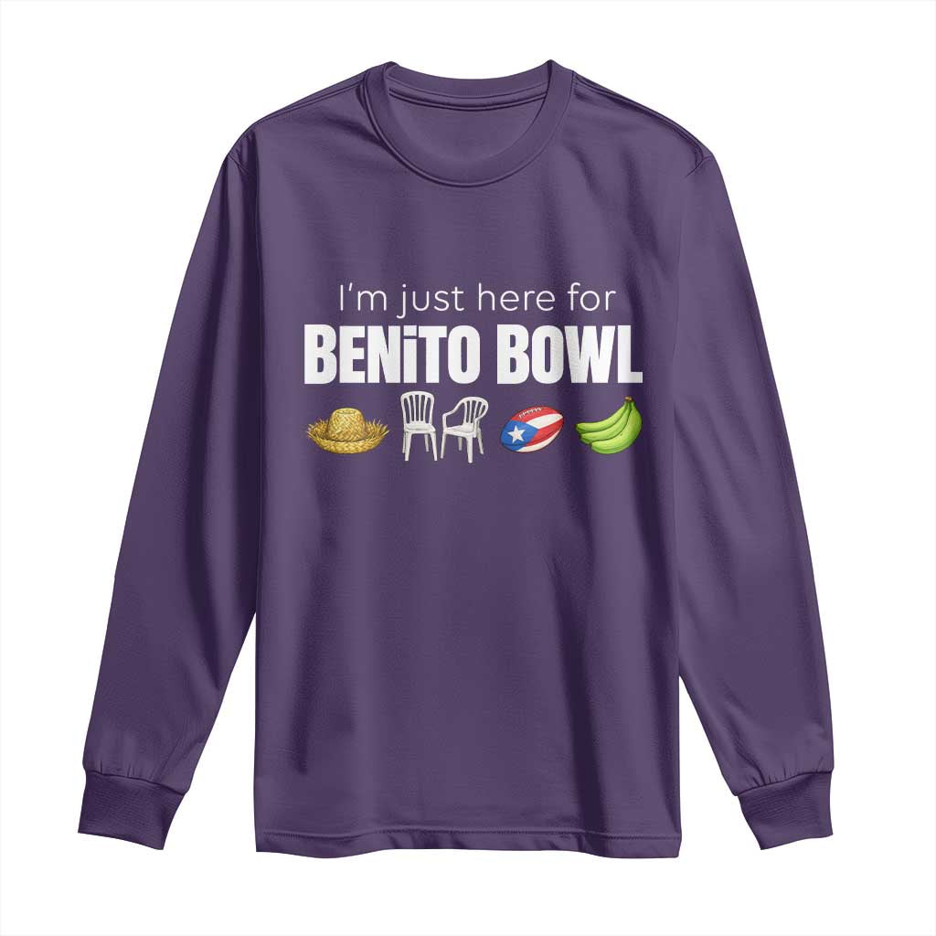 I'm Just Here for the Benito Bowl Funny Puerto Rican Game Day Long Sleeve Shirt Plantains Chairs and Flag Music Fans TS02 Purple Print Your Wear