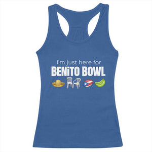 I'm Just Here for the Benito Bowl Funny Puerto Rican Game Day Racerback Tank Top Plantains Chairs and Flag Music Fans TS02 Royal Blue Print Your Wear
