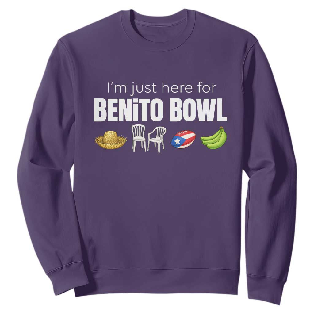 I'm Just Here for the Benito Bowl Funny Puerto Rican Game Day Sweatshirt Plantains Chairs and Flag Music Fans TS02 Purple Print Your Wear