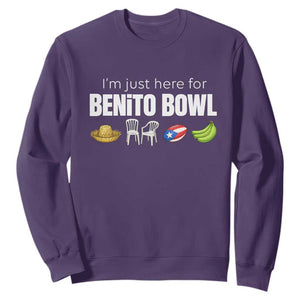 I'm Just Here for the Benito Bowl Funny Puerto Rican Game Day Sweatshirt Plantains Chairs and Flag Music Fans TS02 Purple Print Your Wear