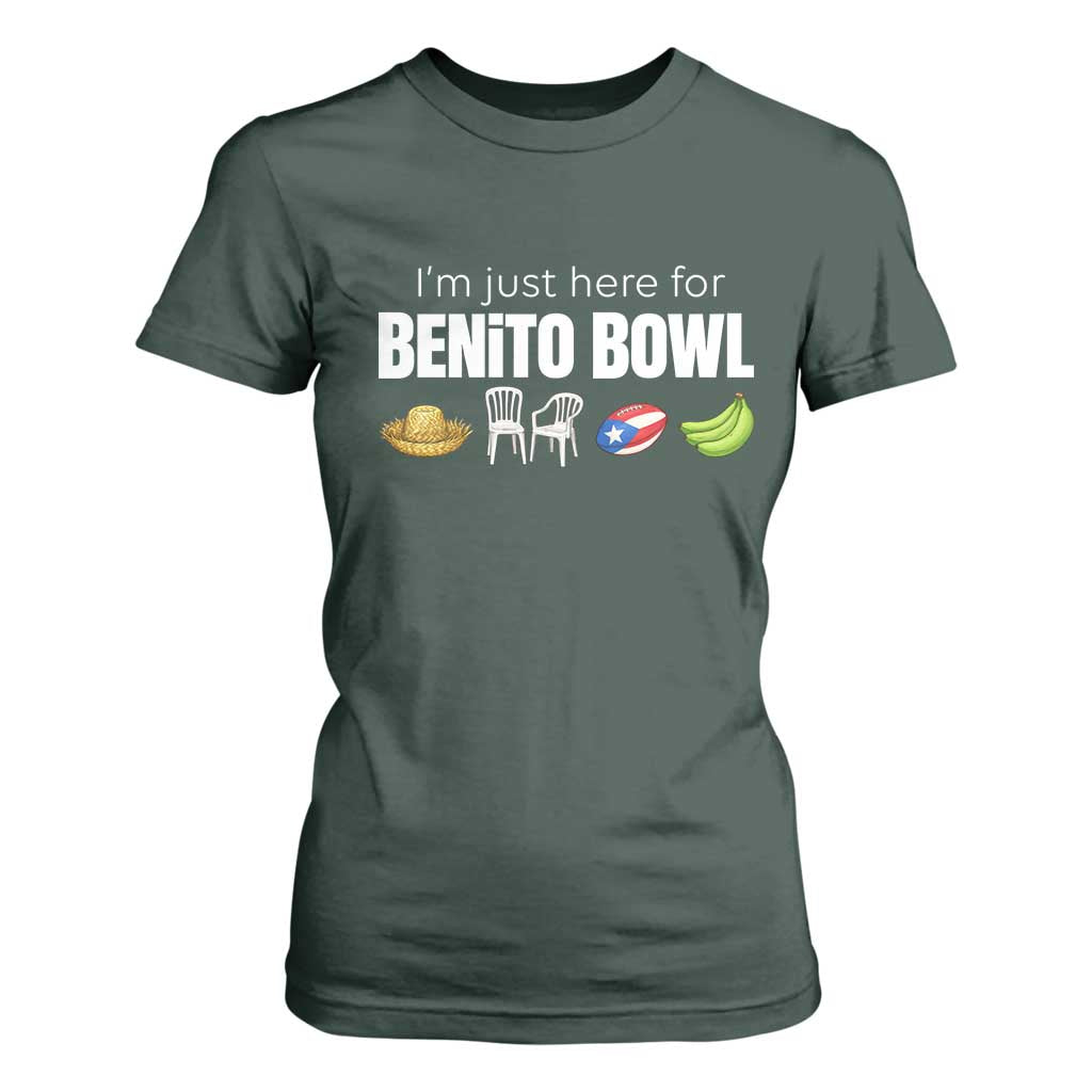I'm Just Here for the Benito Bowl Funny Puerto Rican Game Day T Shirt For Women Plantains Chairs and Flag Music Fans TS02 Dark Forest Green Print Your Wear