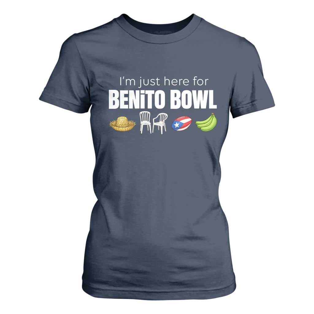 I'm Just Here for the Benito Bowl Funny Puerto Rican Game Day T Shirt For Women Plantains Chairs and Flag Music Fans TS02 Navy Print Your Wear